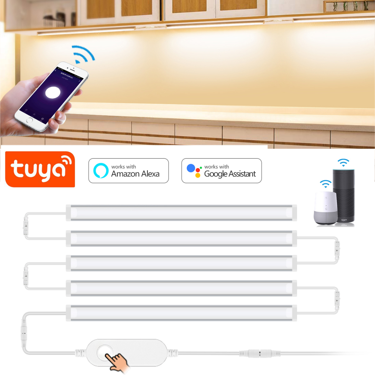 Kitchen Appliances Cabinet - Tuya-キャビネットランプの下にあるスマートLED,キッチン照明,ワードローブ,クローゼット,食器棚用のwifiウォールライト,AlexaとGoogleHomeで動作,1〜5ユニット