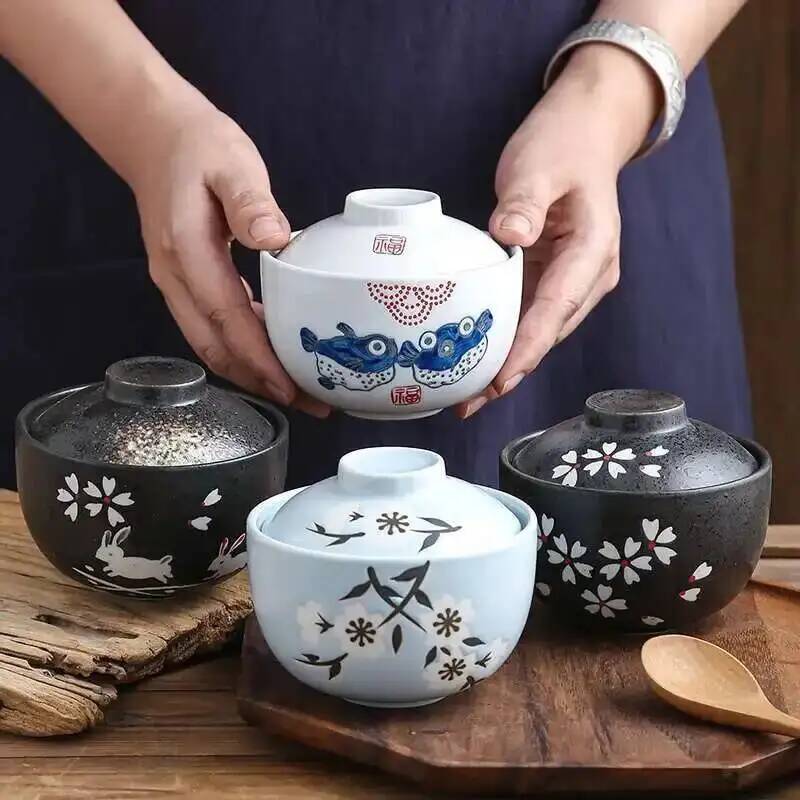 Slow Cooker Ceramic - ふた付き日本のセラミック鍋、蒸し卵スープボウル、蒸しカップ、スロークッカー、ホームレストラン食器、4.25インチ