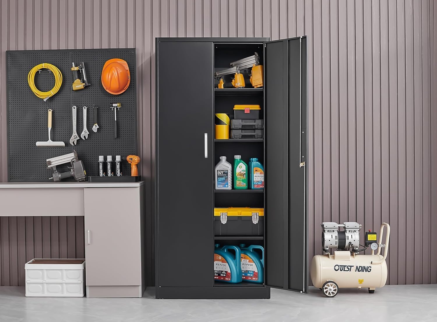 調節可能な棚付き金属製収納キャビネット ドアと棚付きの黒いガ - Kitchen Appliances Cabinet のレビューと価格
